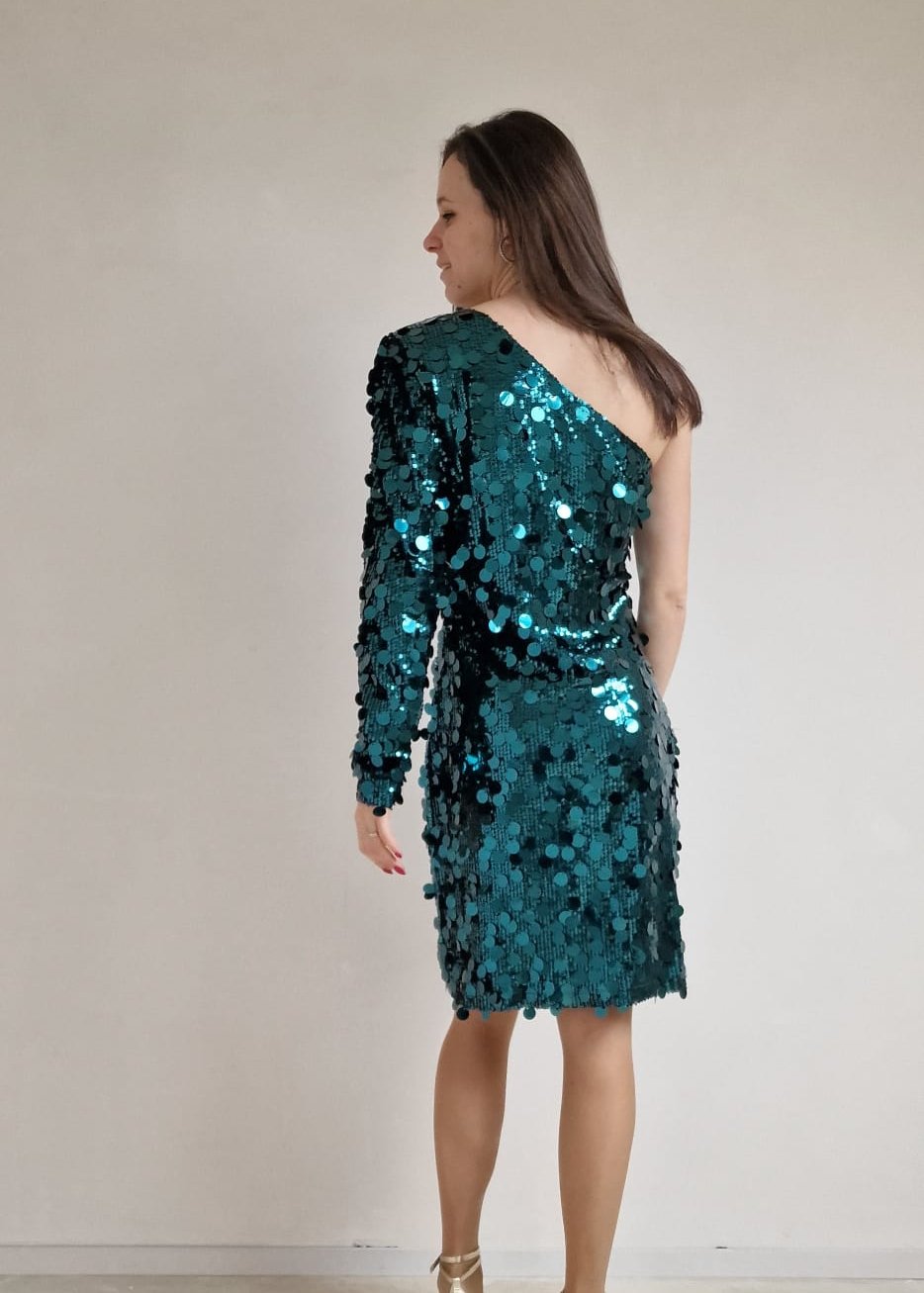 One-shoulder glitterjurk - groen