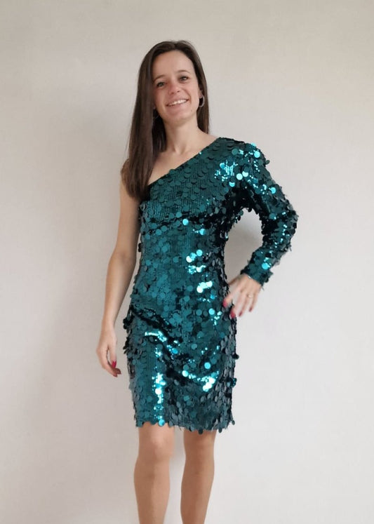 One-shoulder glitterjurk - groen