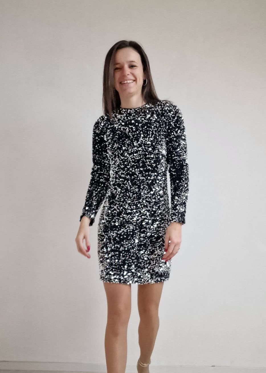 Glitterjurk met open rug - zwart & zilver