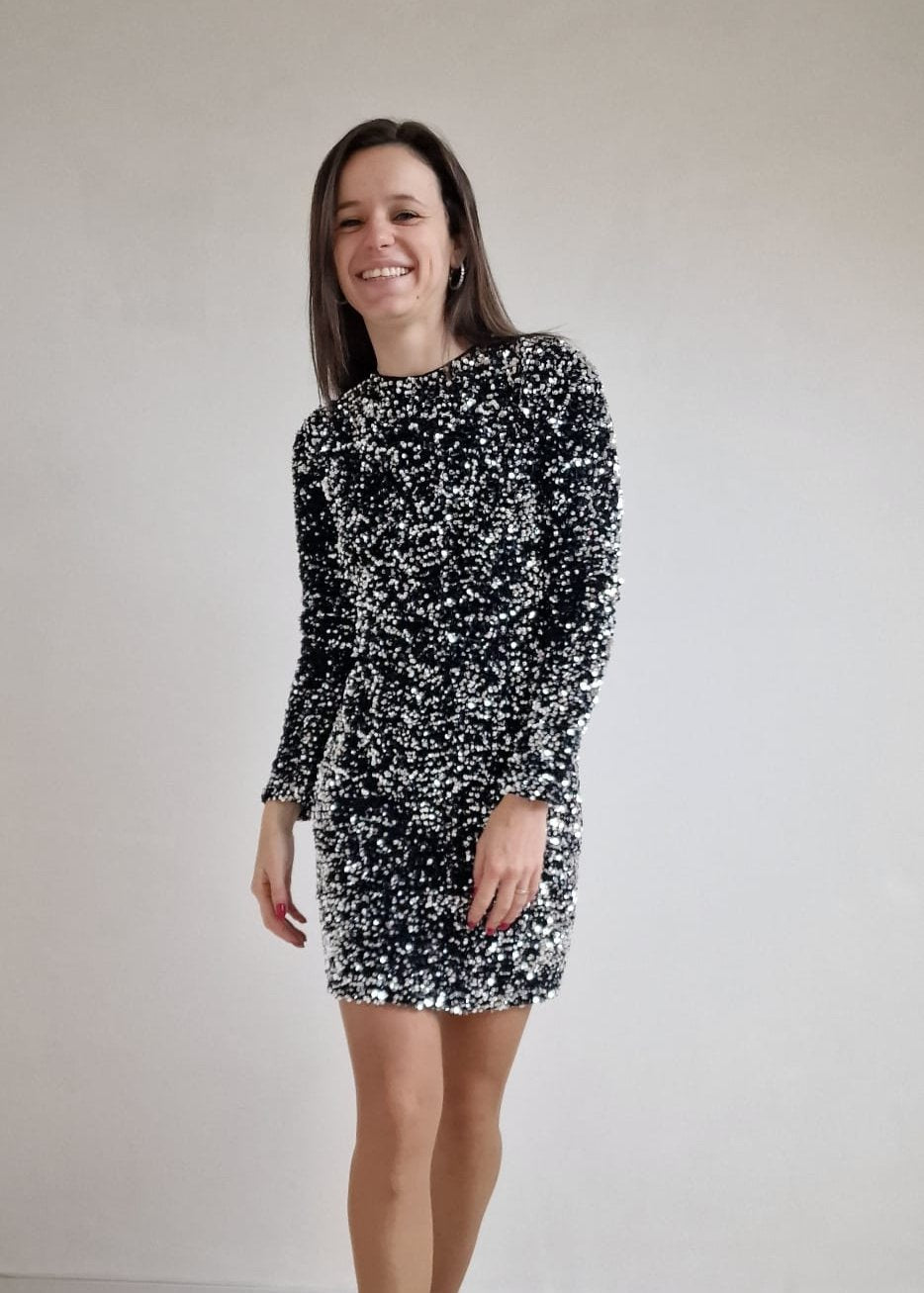 Glitterjurk met open rug - zwart & zilver