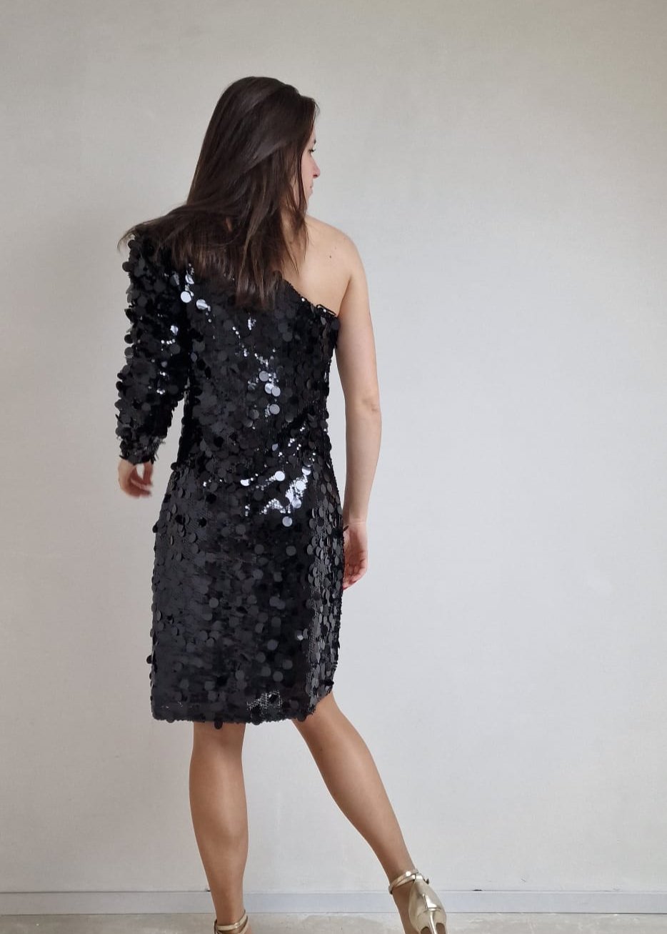 One-shoulder glitterjurk - zwart