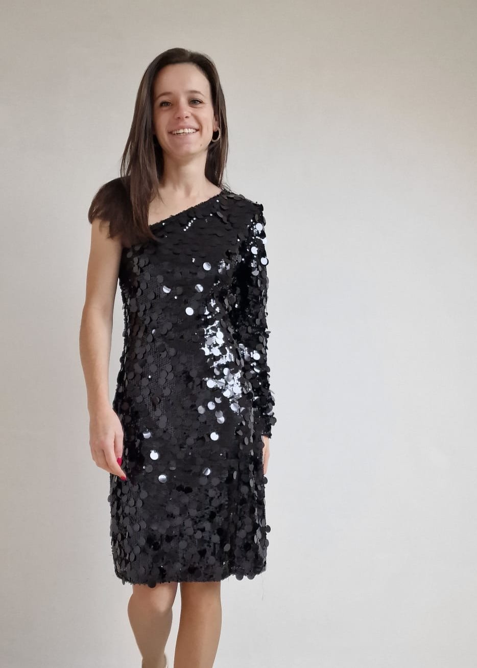 One-shoulder glitterjurk - zwart