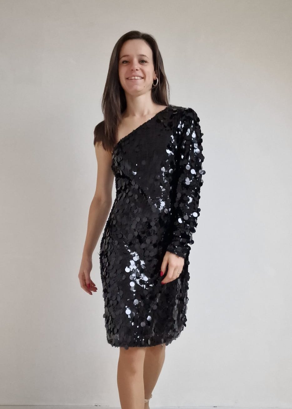 One-shoulder glitterjurk - zwart