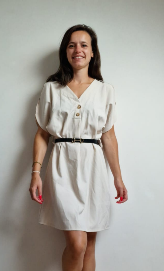 Off-schoulder dress with ceintuur- ivory