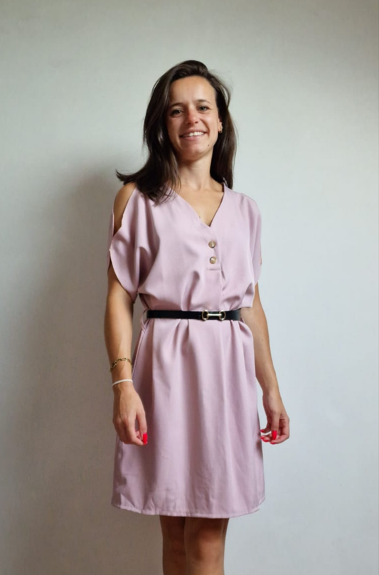 Off-schoulder dress with ceintuur- rose